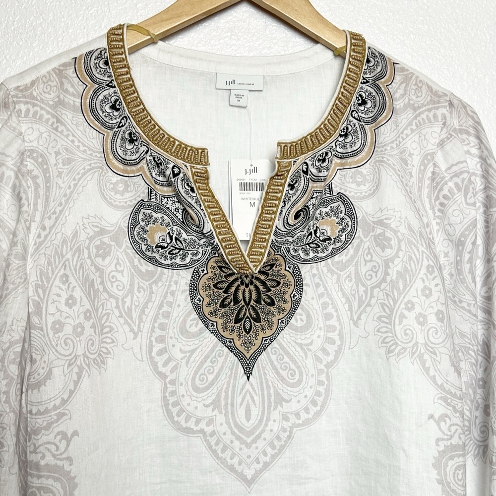 NWT J.Jill Love Linen White Tunic Paisley Trim Beading resort Medium - Picture 3 of 9